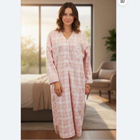 CUDDLEDOWN SZ M Vintage Women's Plaid 100% Cotton Soft Flannel Nightgown Pink - Picture 1 of 7
